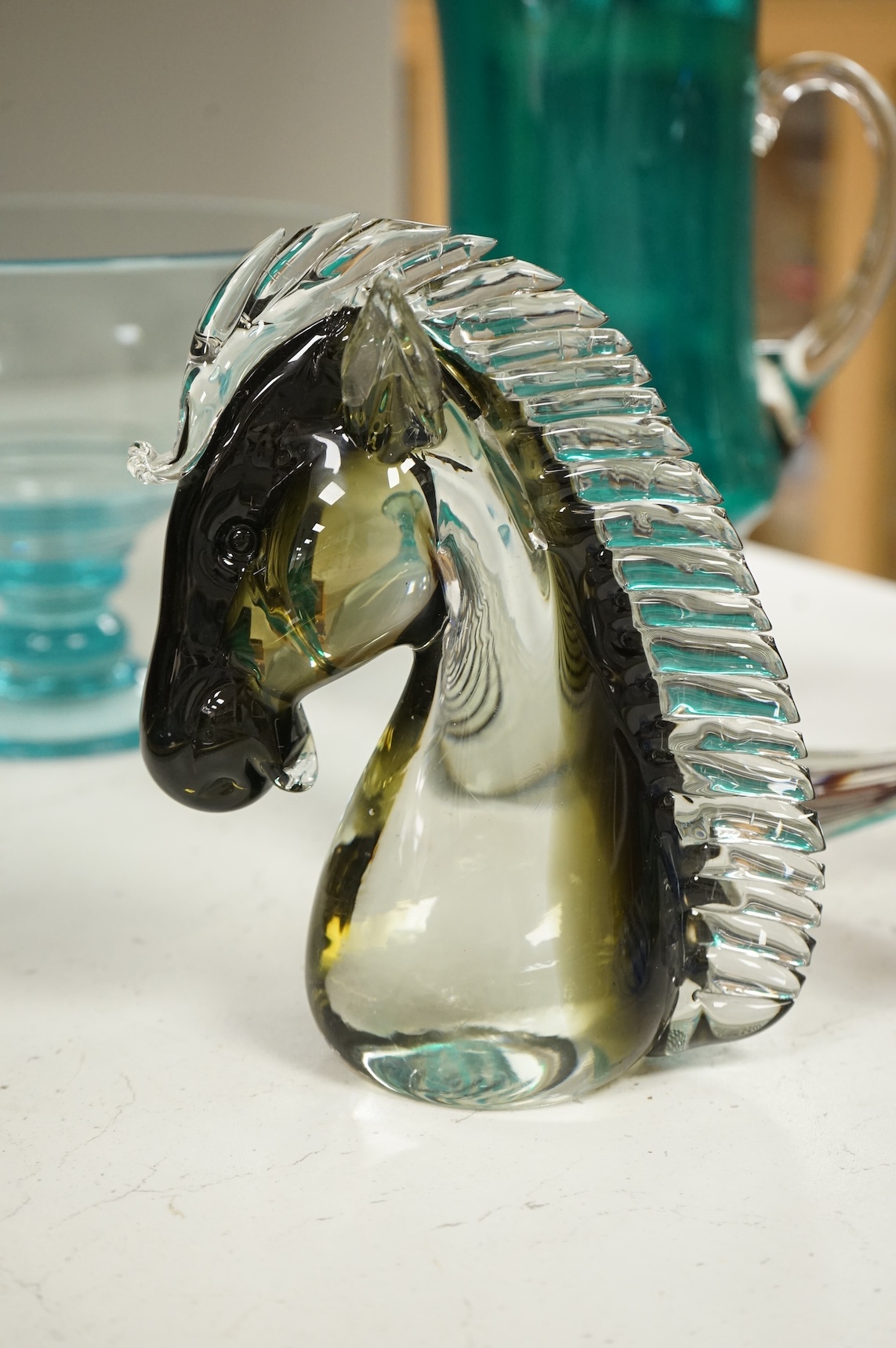 A collection of mid century and later art glass vases and ornaments, largest 39cm high